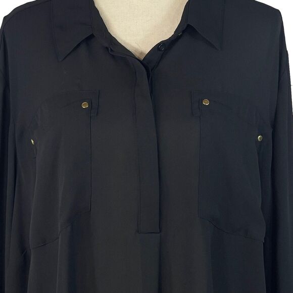 Lane Bryant SZ 26/28 Button-Up Top Long Roll-Tab Sleeves Pockets Collared Black - Picture 2 of 11